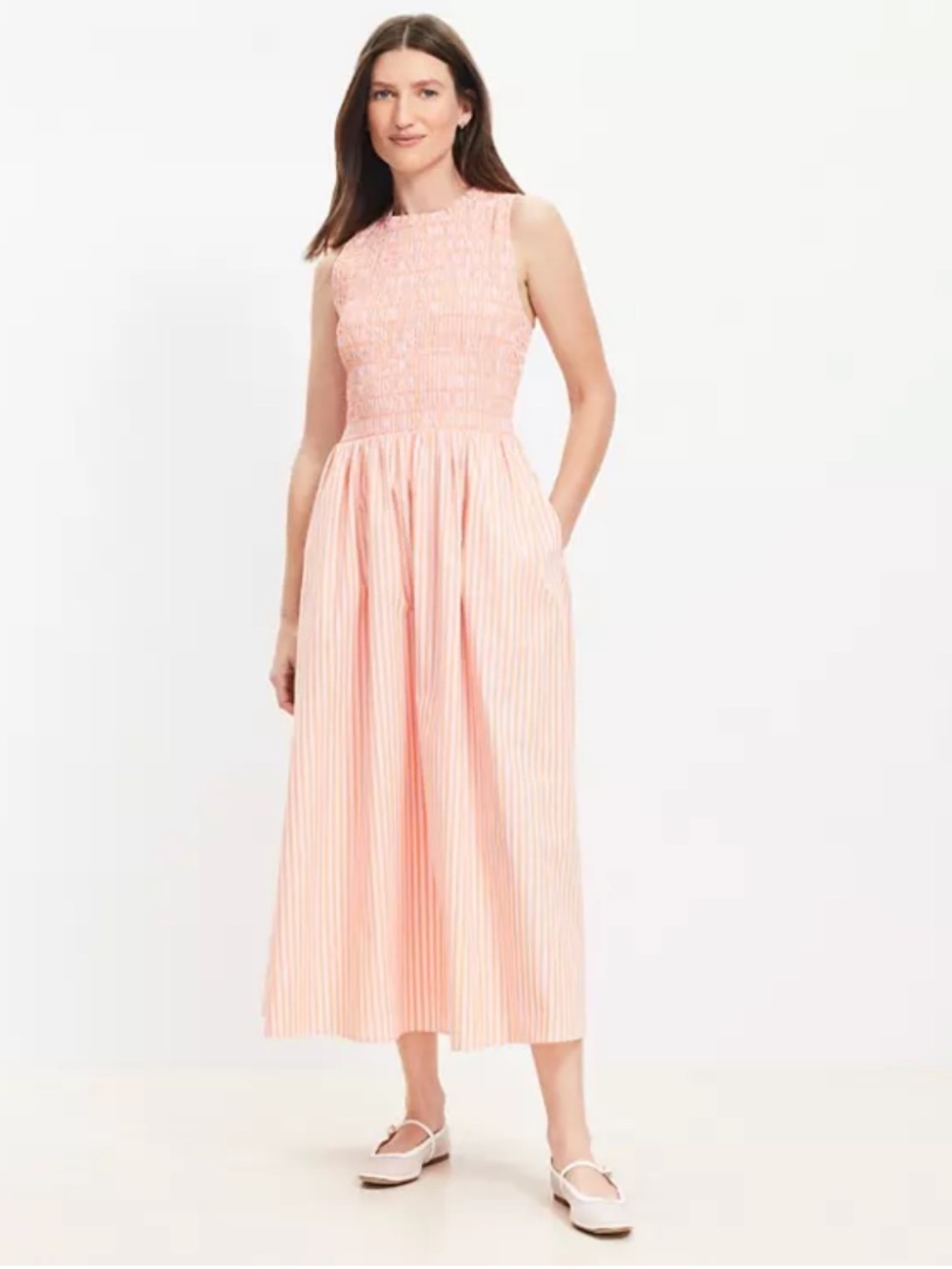 LOFT Striped Poplin Smocked Midi Pocket Dress (100% cotton)